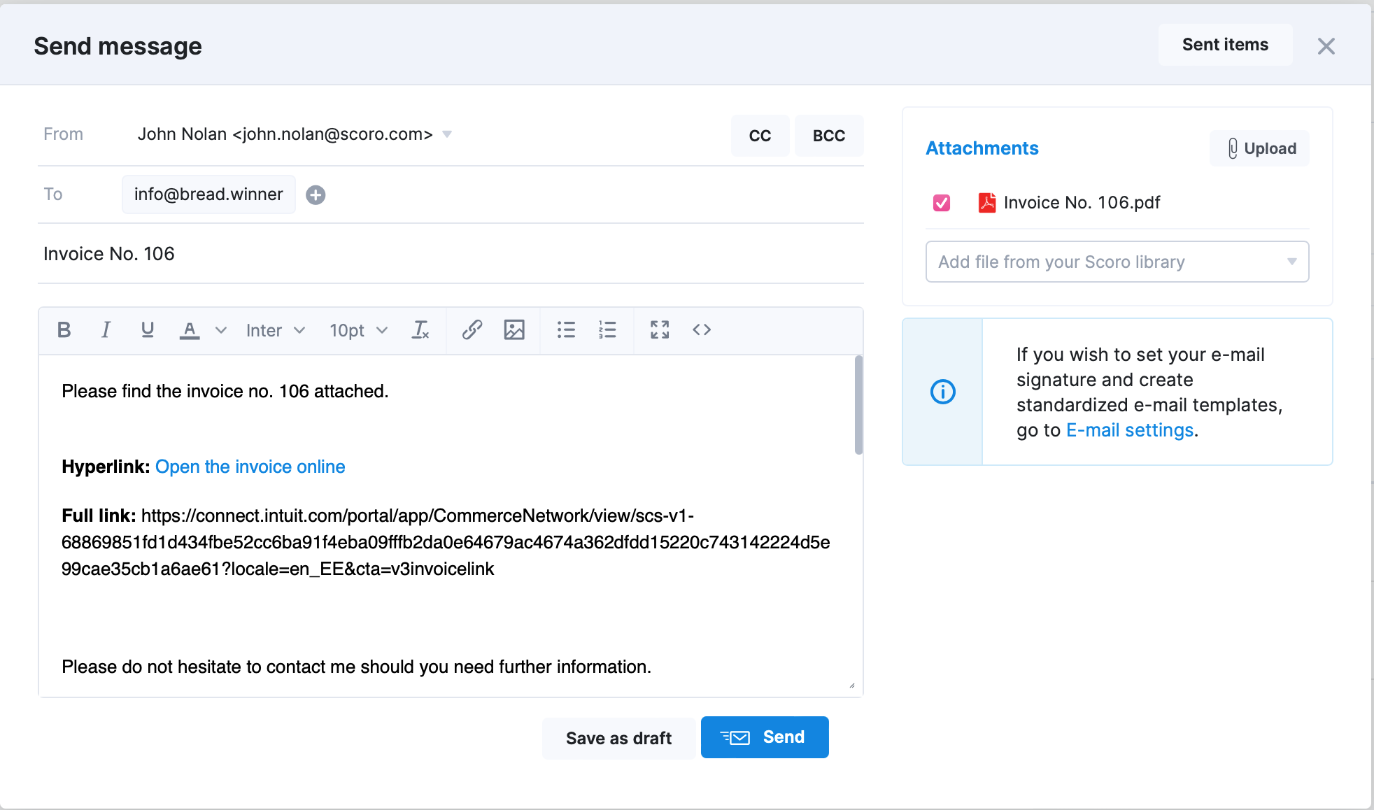 QuickBooks – QB invoice link in PDF or email templates – Scoro Help Center