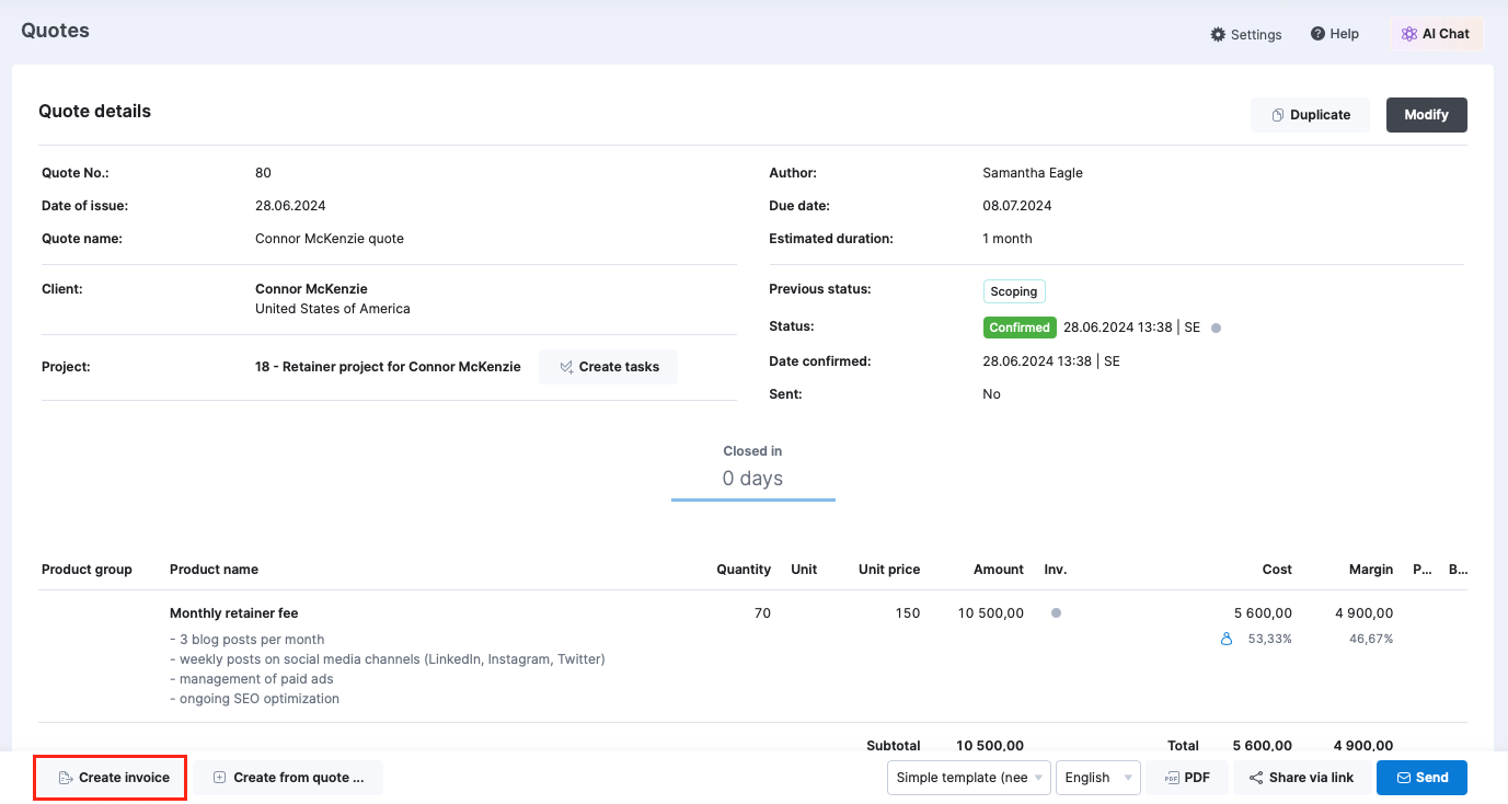 Create invoice for a retainer service quote.png