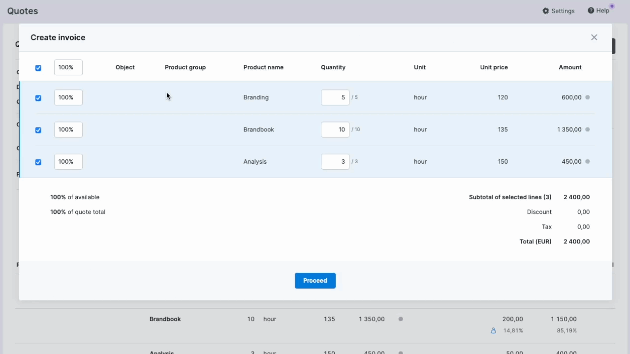 Create partial invoice from quote - Adjust the percentage or quantity.gif
